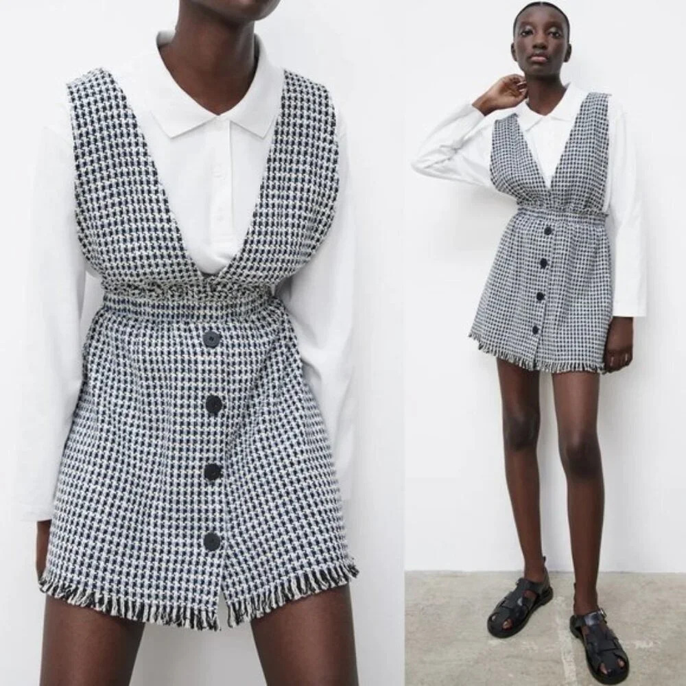 Zara Pinafore Tweed Buttons Overall Dress Blue NWT Size Small